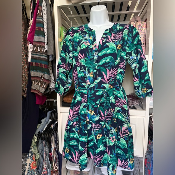 LOFT PALMS HENLEY SHIRT DRESS. TROPICAL PRINT. BELTED WAIST, FLOUNCY HEM. GUC - Picture 6 of 14